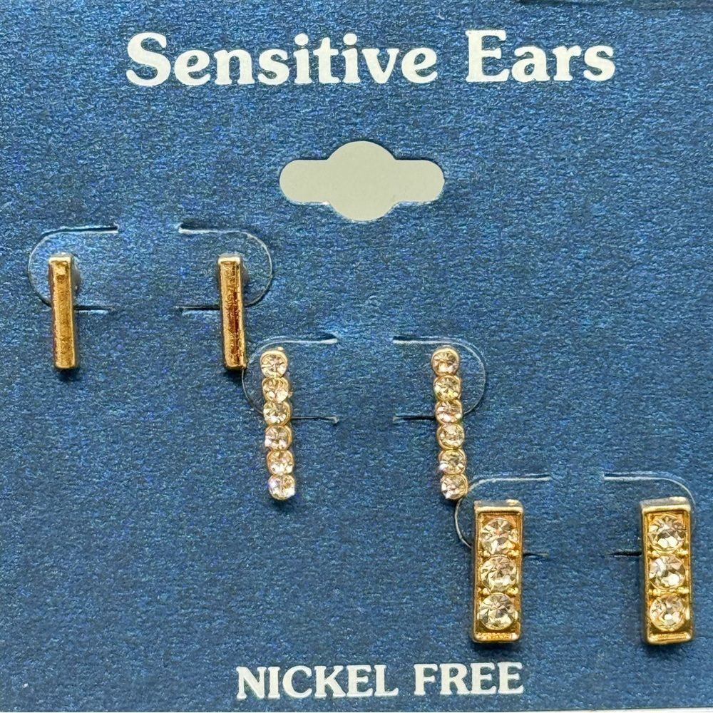 Sensitive Ears Set of 3 Post Earrings Gold Bar with and without crystals